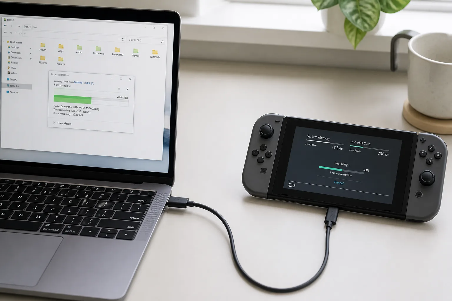 A television screen showing a plain text-mode file listing, with a game controller and a USB cable on the table below it.