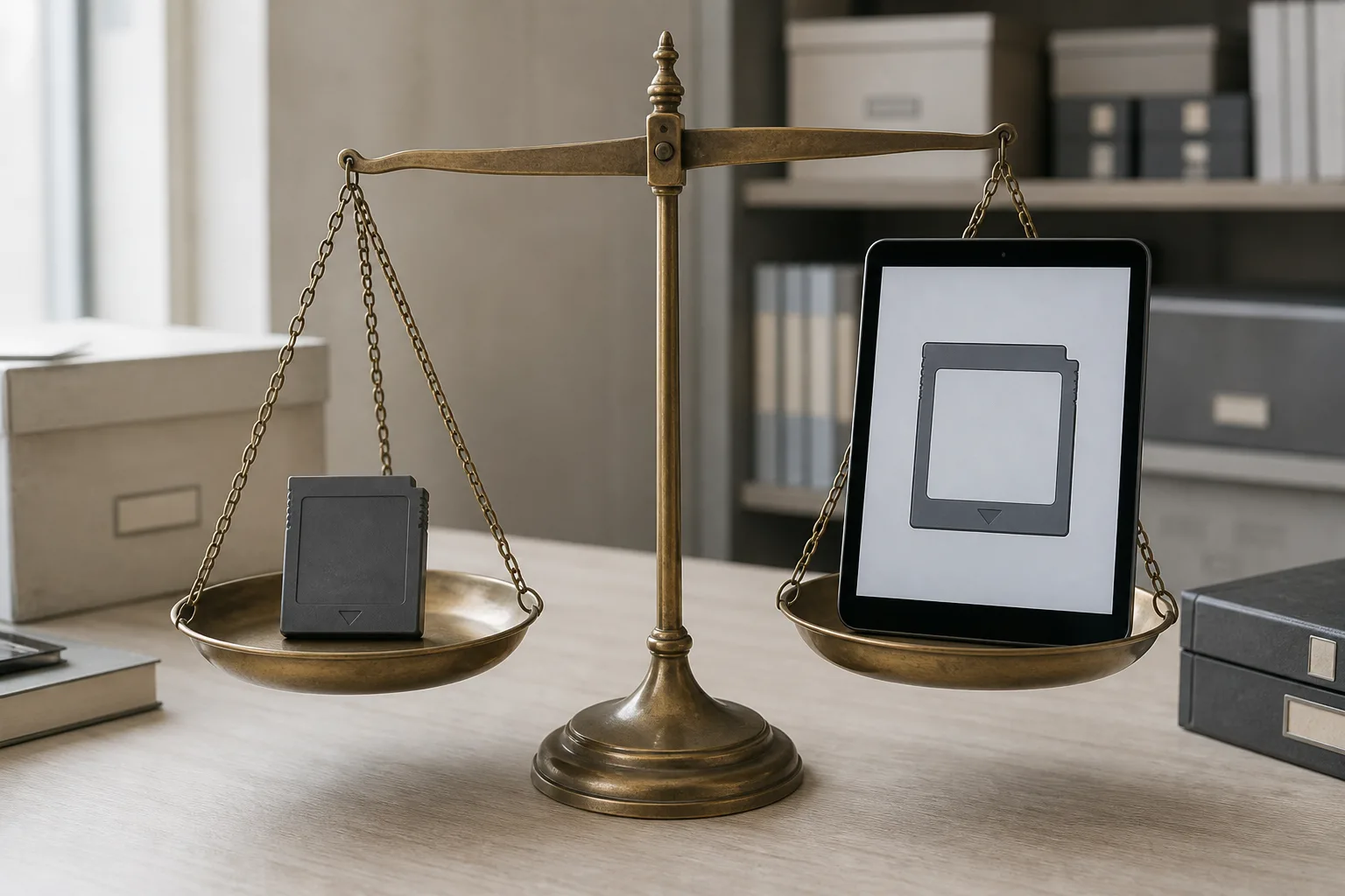 A small game card resting on its plastic case next to an external drive and a laptop showing a folder of large files.