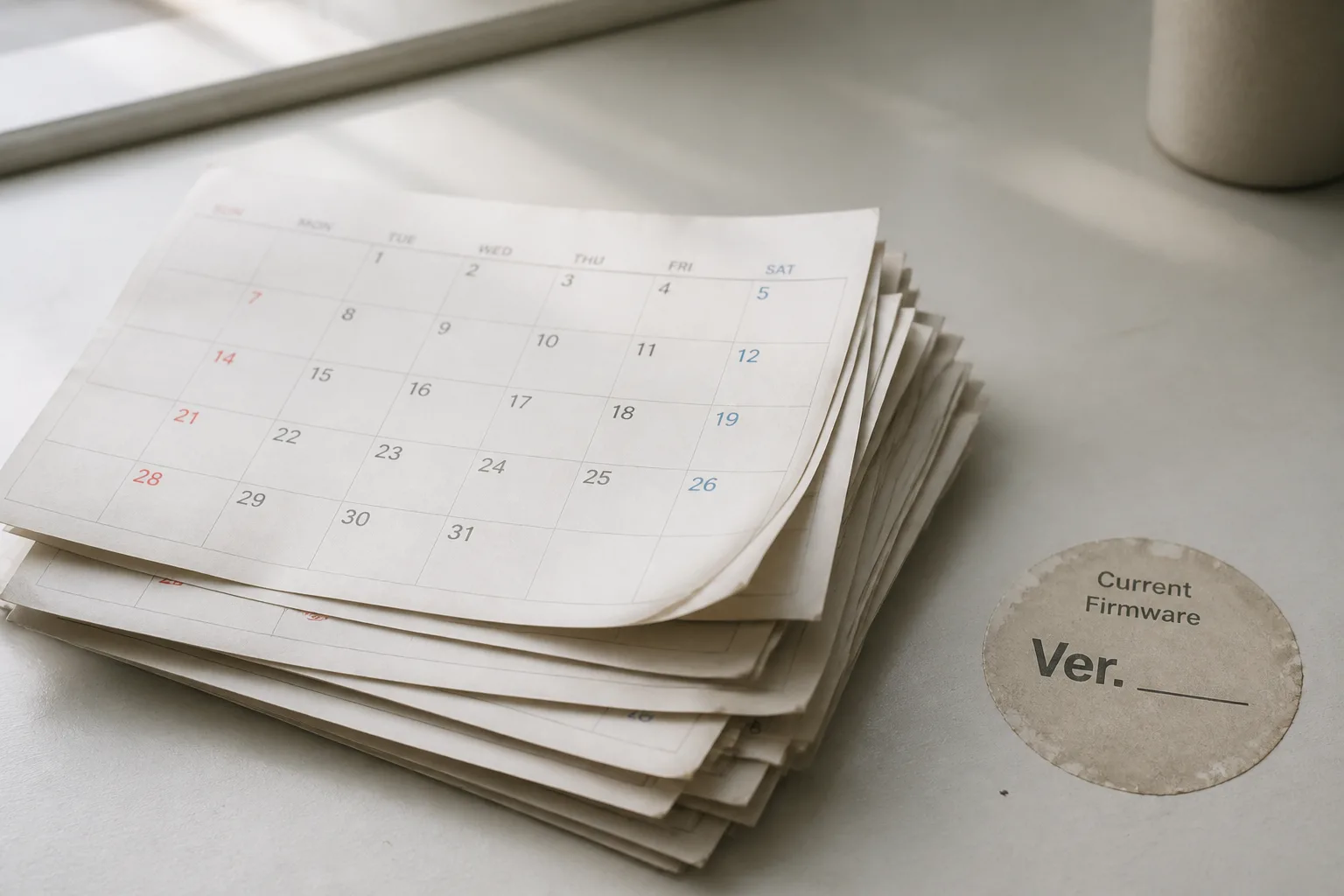 A console settings screen photographed on a desk beside a torn calendar page and a pen.