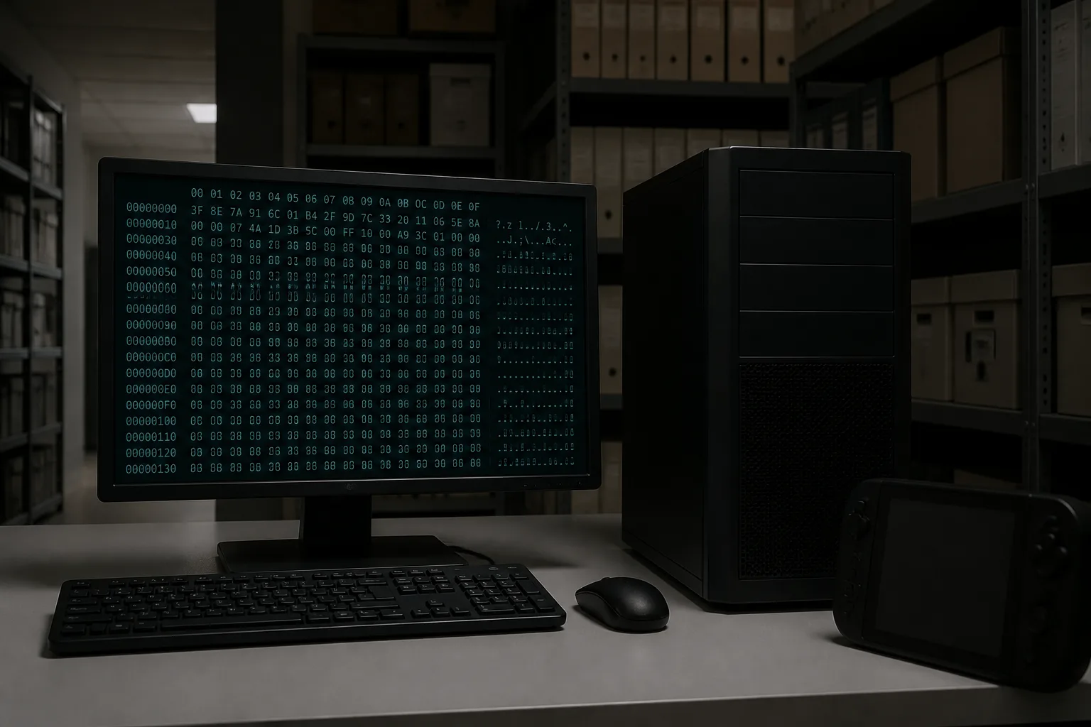 Desktop computer screen showing a folder of large game files beside a card reader and a blank memory card