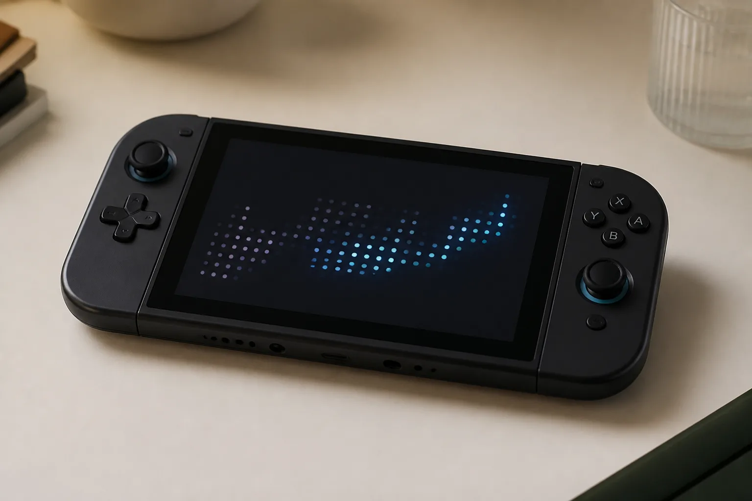Handheld console on a desk showing a settings screen, with a notebook and a card reader beside it