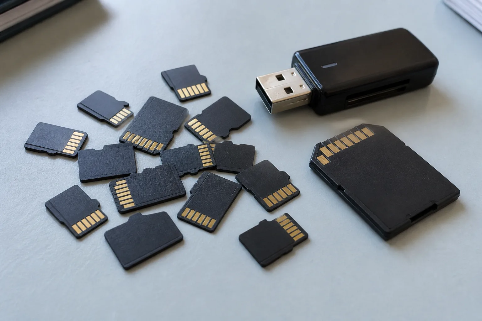 Microsd card and adapter resting on a desk next to a card reader and a handheld console