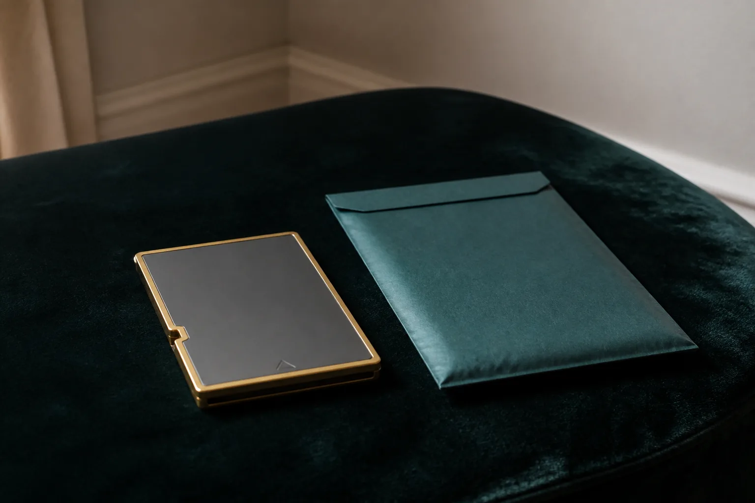 A grey game card resting on a workbench beside a card reader and an open laptop.